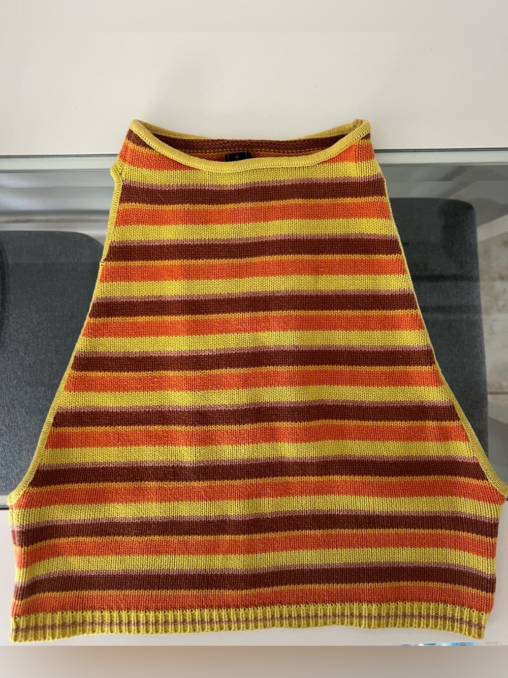 Women's Striped Knit Halter Crop Top - Yellow & Orange